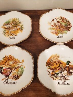 Decorative Game Bird Porcelain Accent Plates - White with Gold Trim